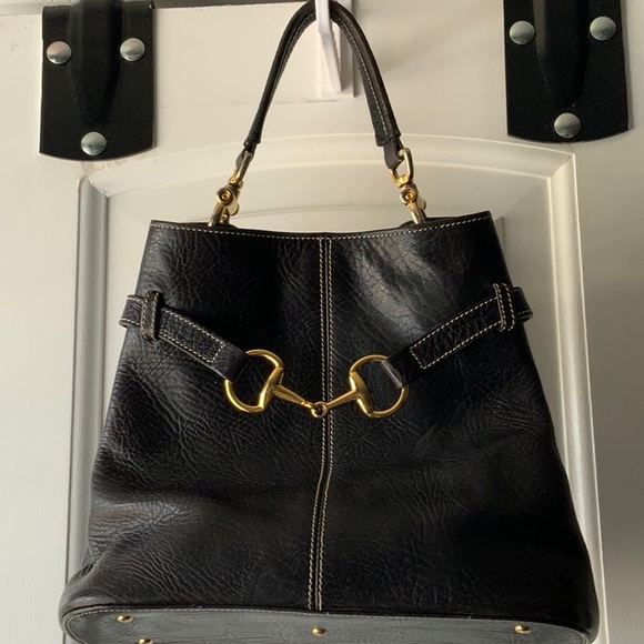 Black Leather Horse Bit Handbag with small attached bag inside and two handles. - Picture 3 of 8